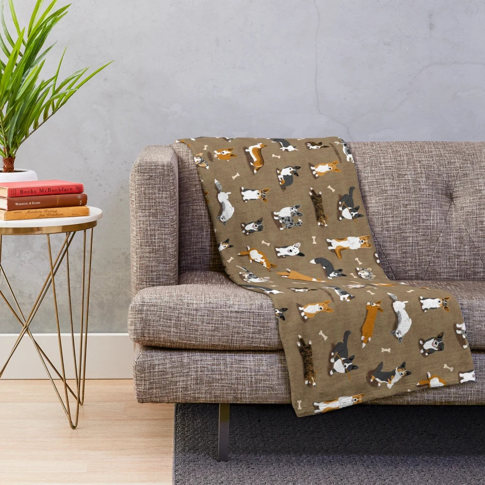 Cardigan Welsh Corgi pattern printed on a soft, brown plush blanket