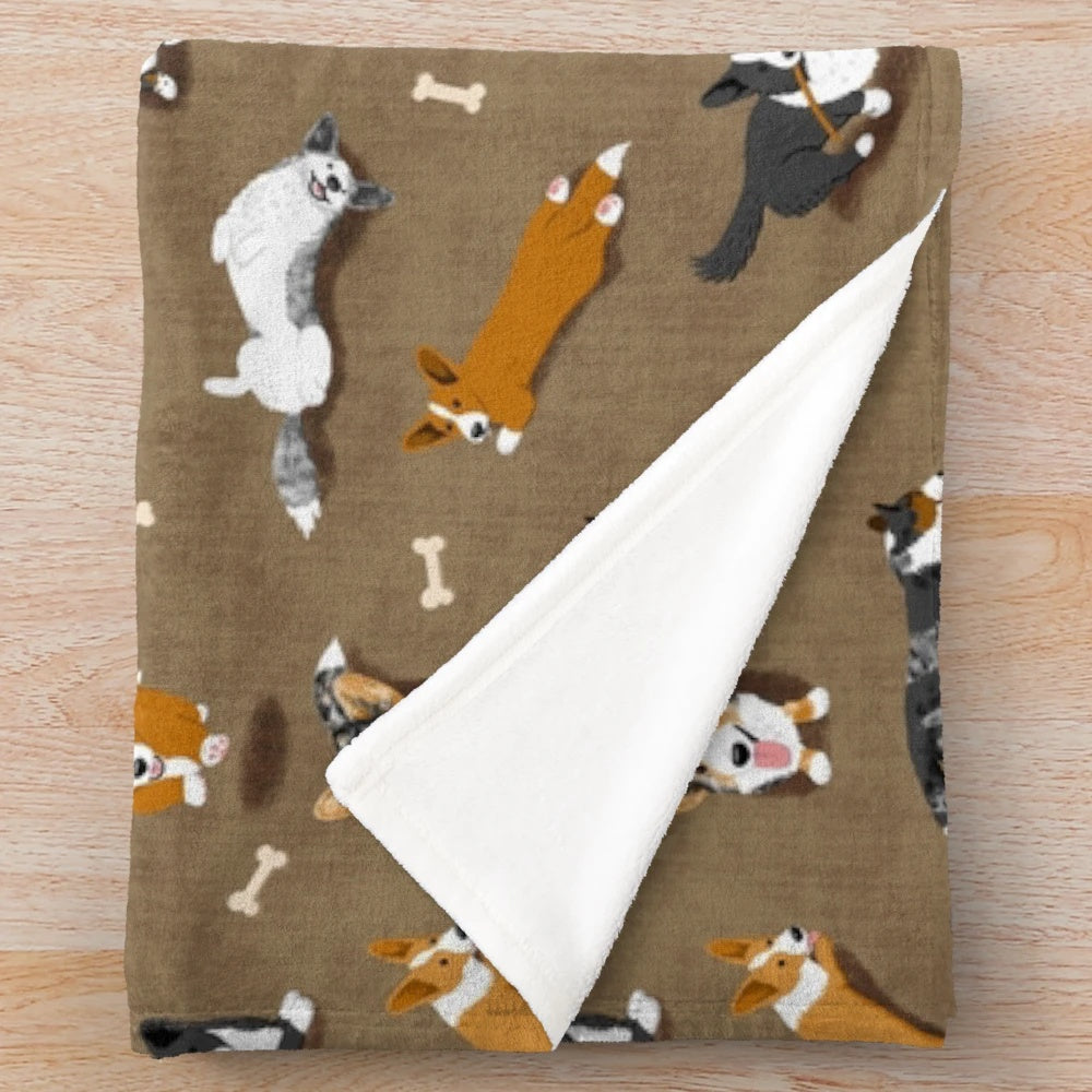 Cardigan Welsh Corgi pattern printed on a soft, brown plush blanket