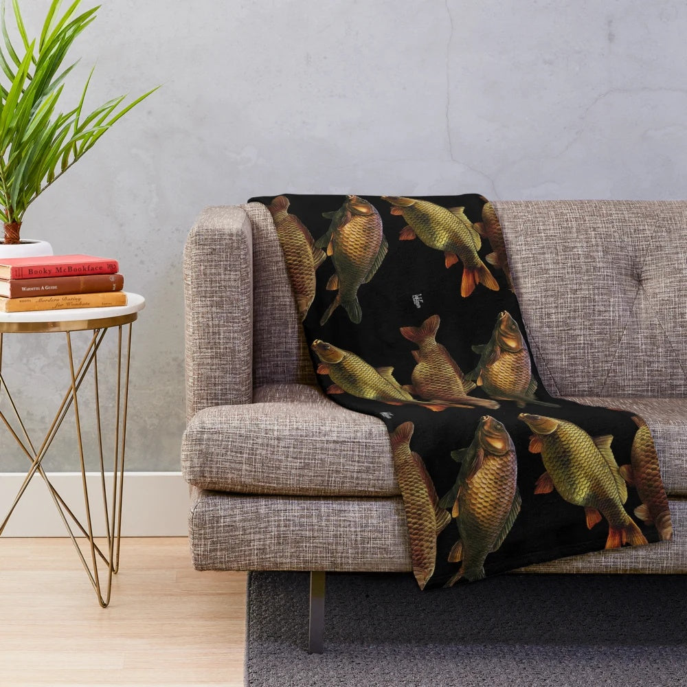 Plush blanket featuring a detailed illustration of a fully scaled common carp (Cyprinus carpio)