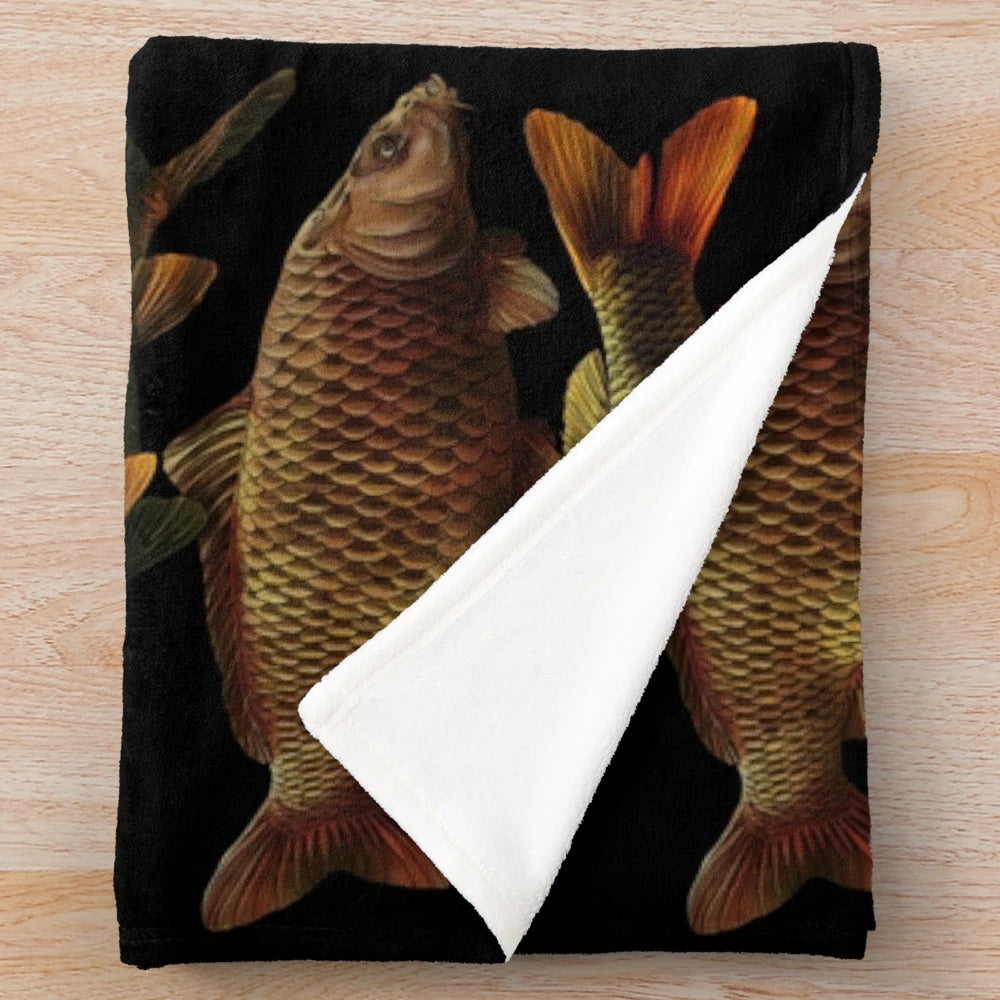 Plush blanket featuring a detailed illustration of a fully scaled common carp (Cyprinus carpio)