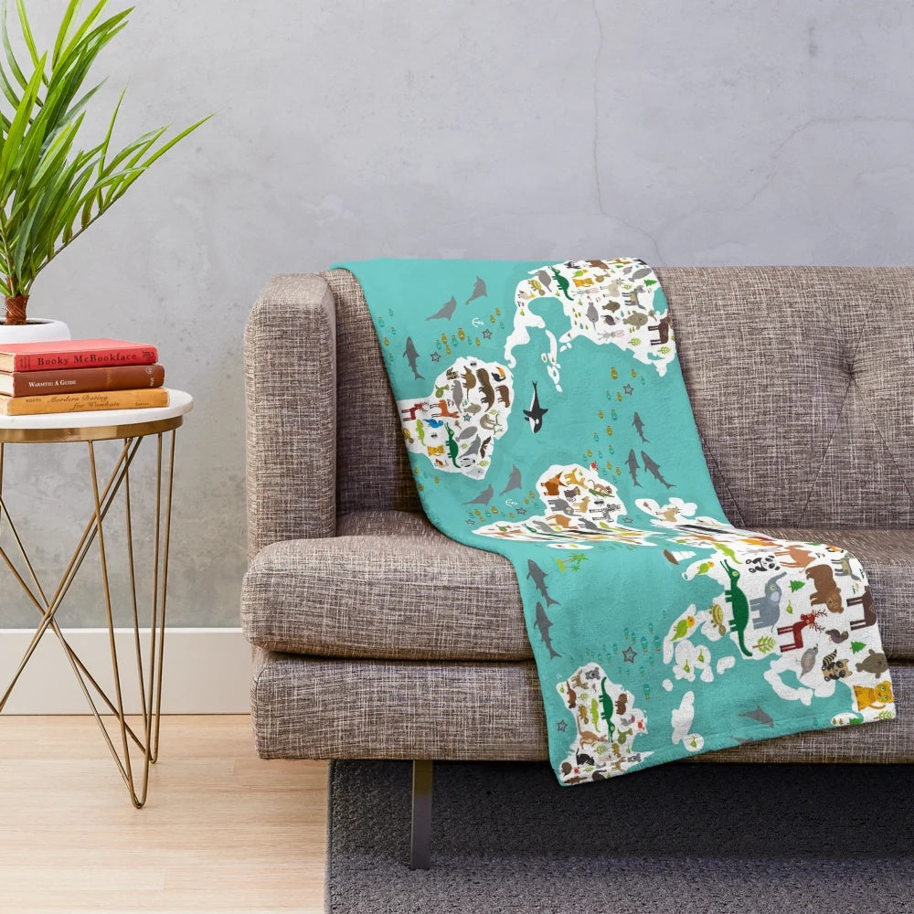 Cartoon animal world map plush blanket with blue ocean background