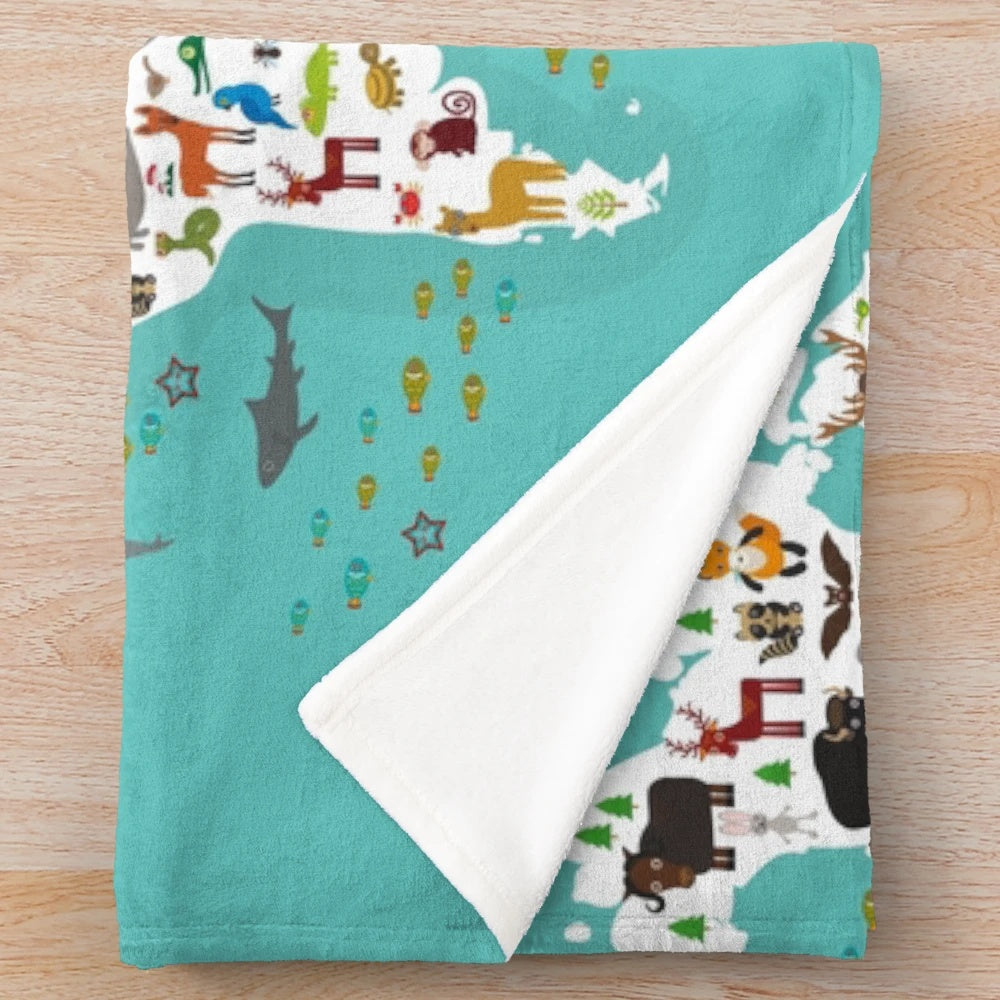 Cartoon animal world map plush blanket with blue ocean background