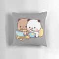 Cute cartoon bear and panda couple snuggled together on a soft decorative pillow