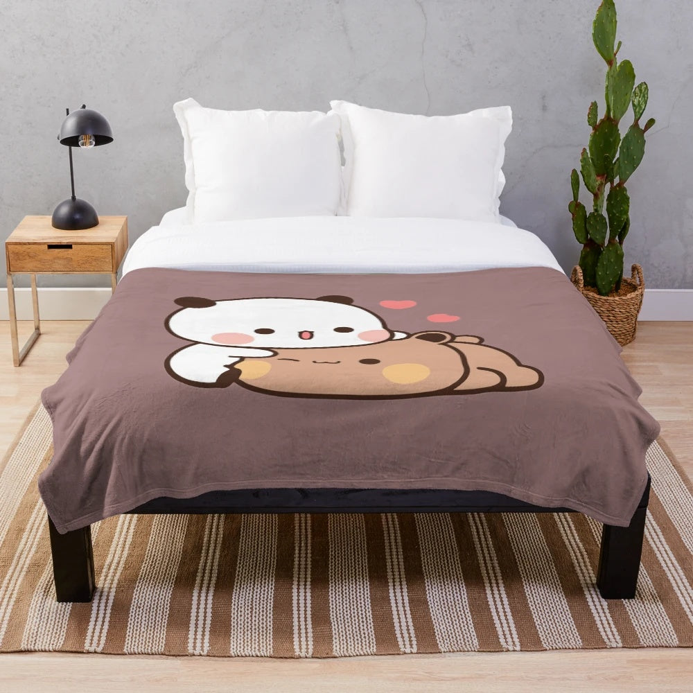 Soft and Cuddly Plush Blanket with Cartoon Bear and Panda Couple