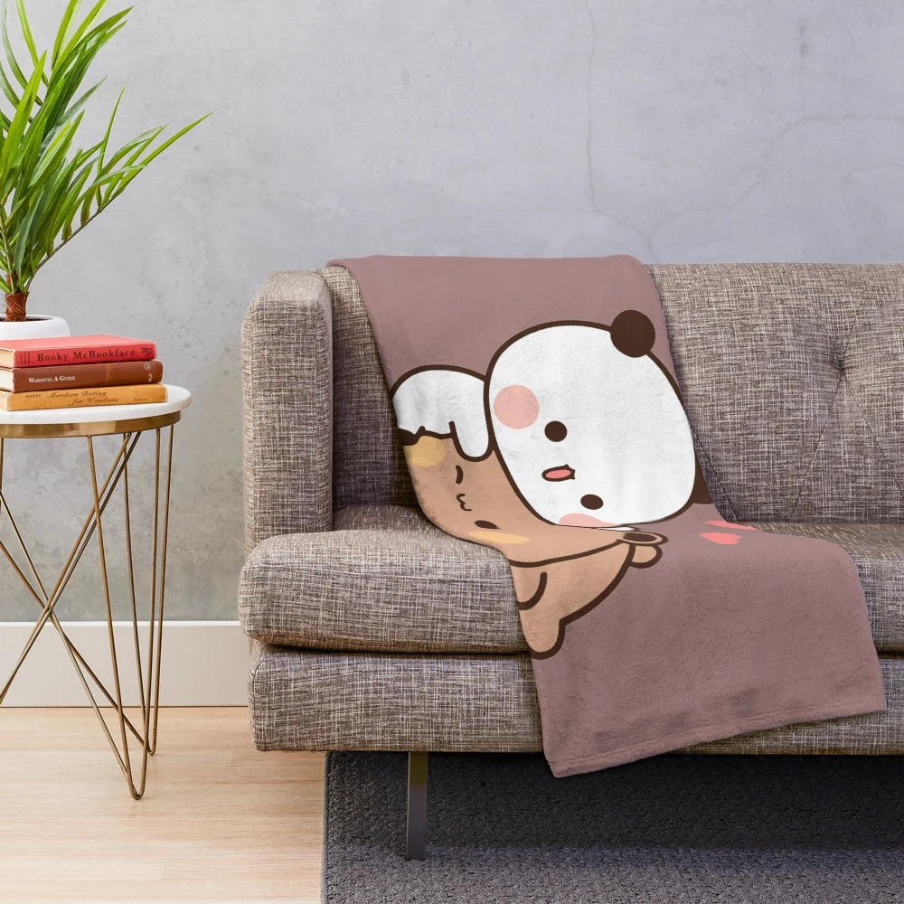 Soft and Cuddly Plush Blanket with Cartoon Bear and Panda Couple