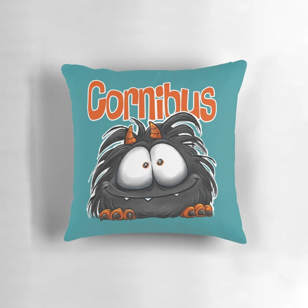 Plush devil character pillow with horns, perfect for children's fantasy decor.