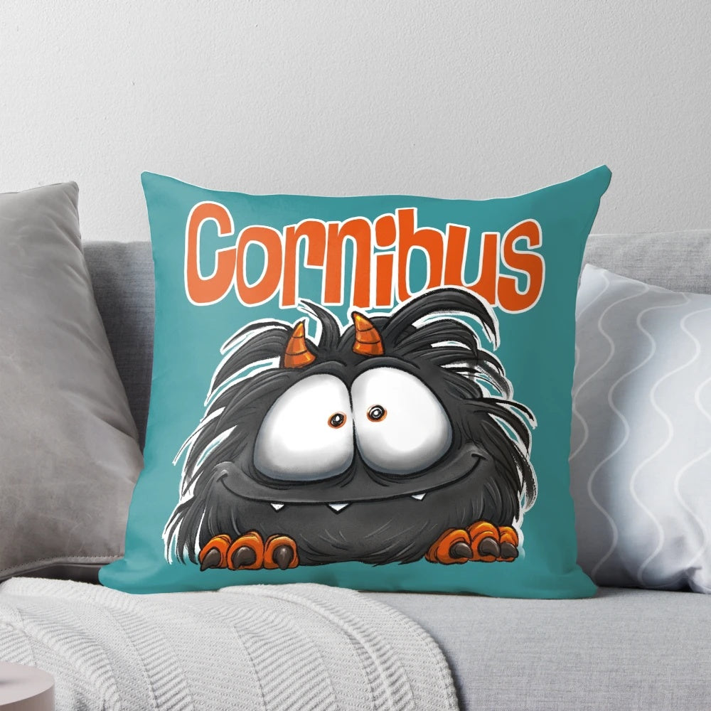 Plush devil character pillow with horns, perfect for children's fantasy decor.