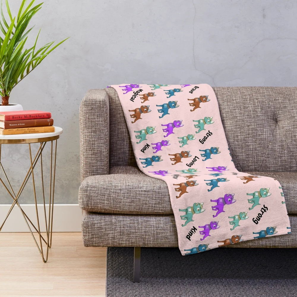 Cartoon dog pattern plush blanket with positive affirmation design