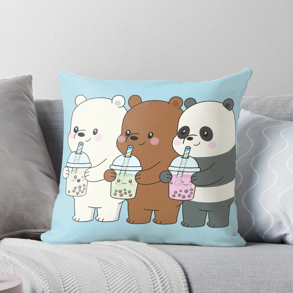 We Bare Bears Pillow featuring the lovable polar bear, grizzly bear, and panda bear brothers