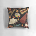 Decorative autumn-themed pillow featuring characters and imagery from the cartoon series "Over the Garden Wall"