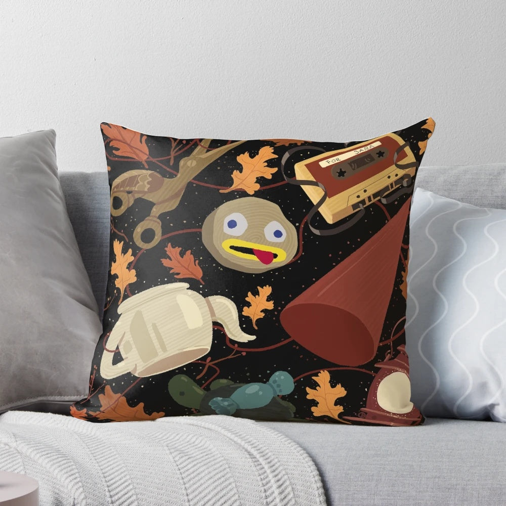 Decorative autumn-themed pillow featuring characters and imagery from the cartoon series "Over the Garden Wall"