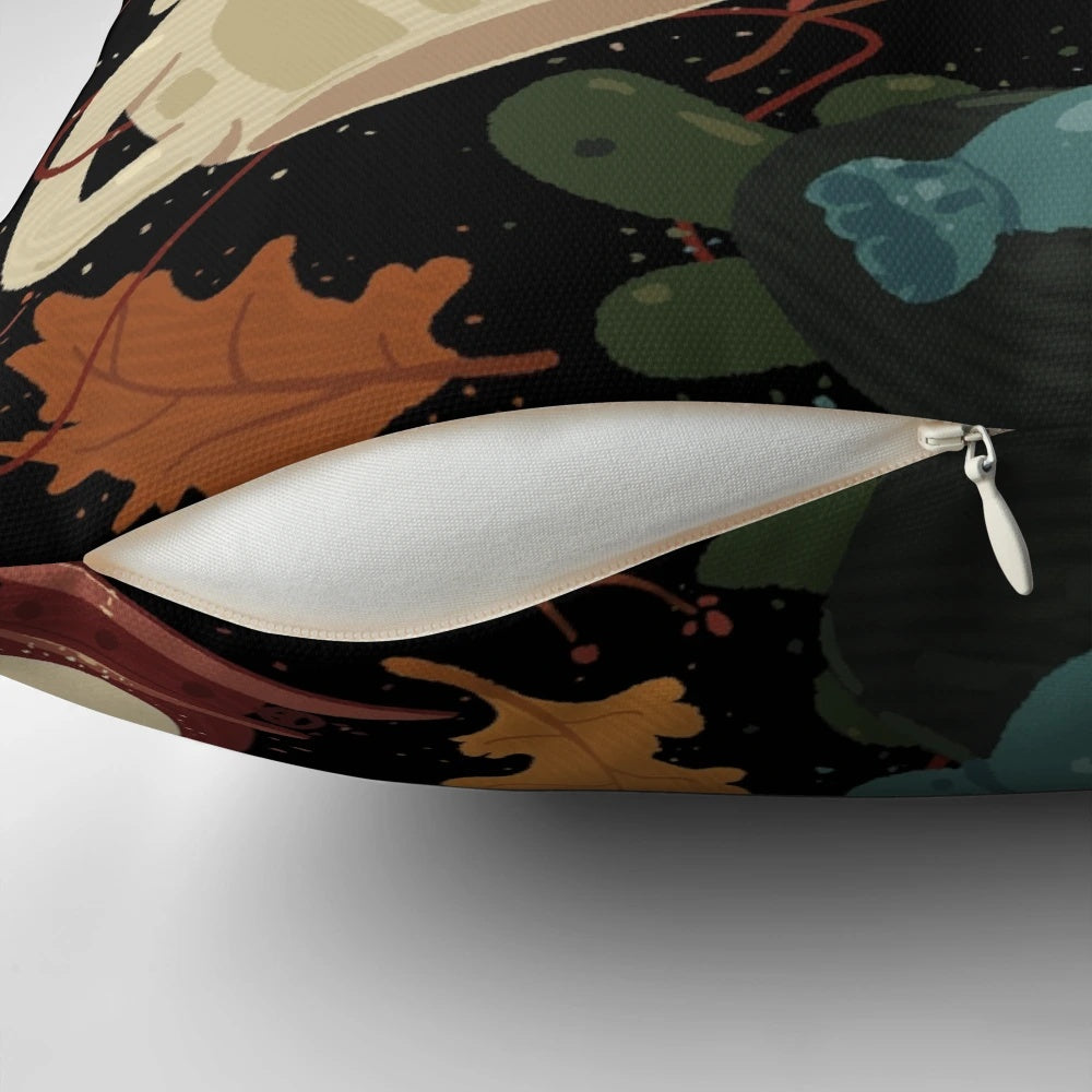 Decorative autumn-themed pillow featuring characters and imagery from the cartoon series "Over the Garden Wall"