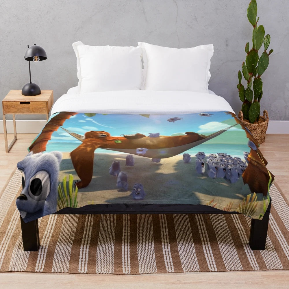 Grizzy and the Lemmings holiday-themed plush blanket