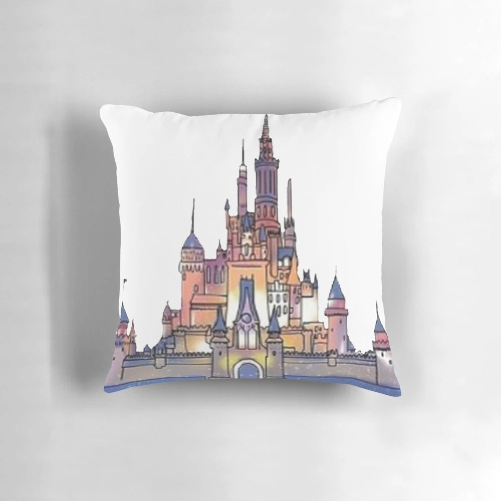 A plush, white castle-shaped pillow with a whimsical design, perfect for castle-loving and Disney fans.