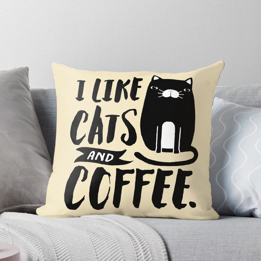 Soft, plush pillow featuring a cute black cat and a cup of coffee design