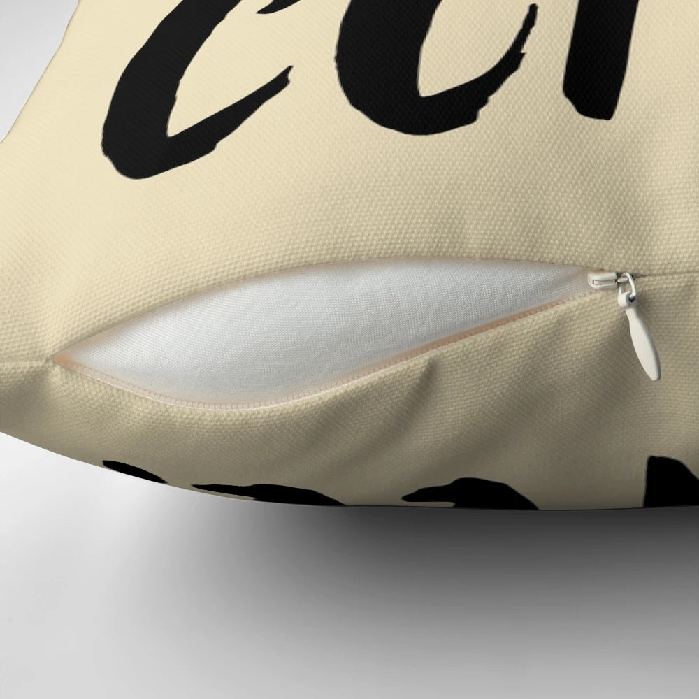 Soft, plush pillow featuring a cute black cat and a cup of coffee design