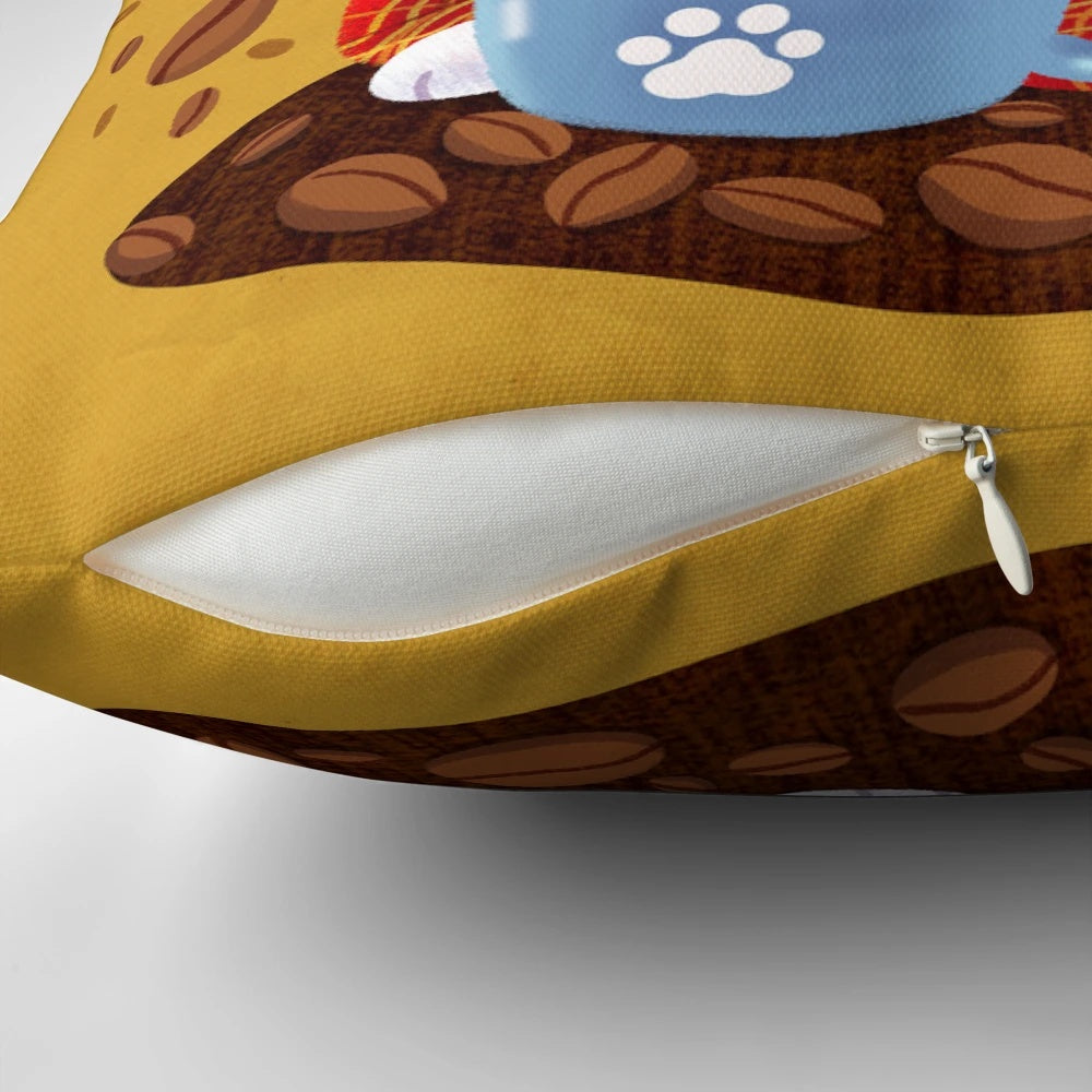 A dreamy white cat curled up on a pillow with a steaming cup of coffee, perfect for cat lovers and home decor.