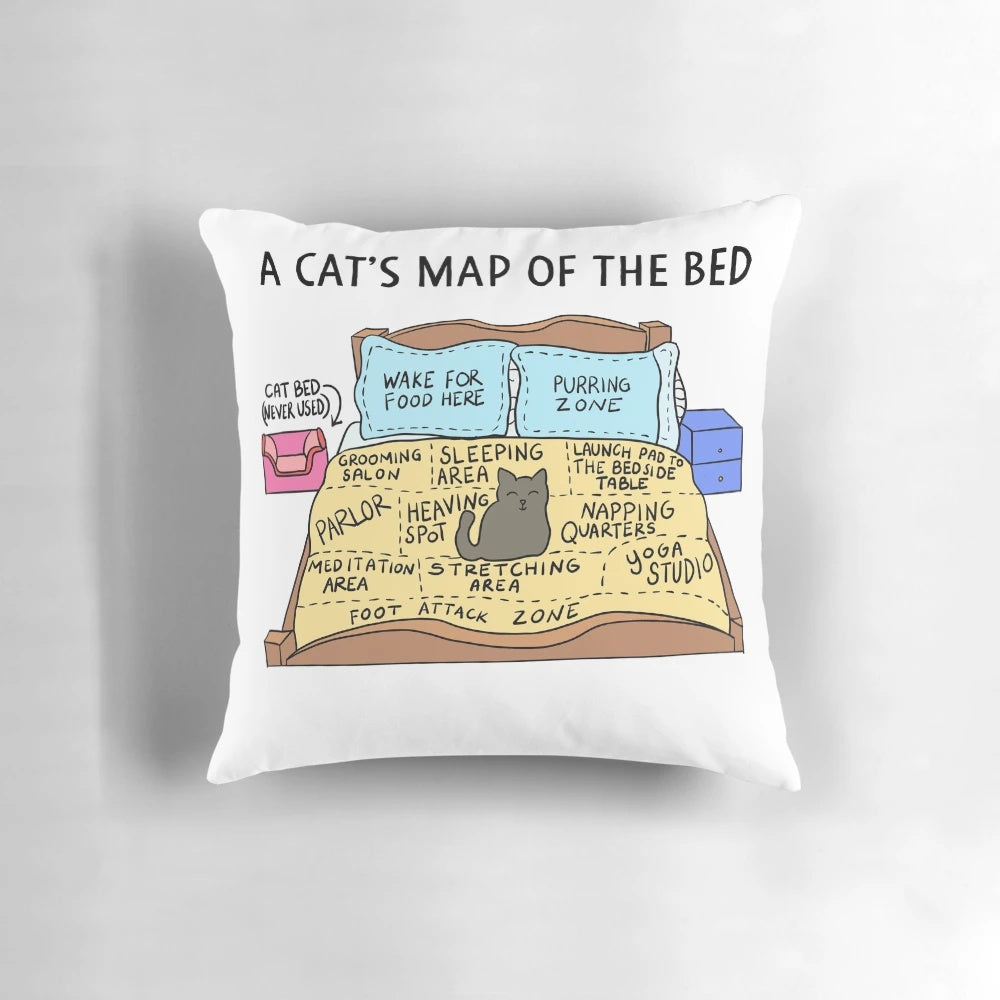 Cozy cat bed pillow with a funny map of a cat's sleeping area design