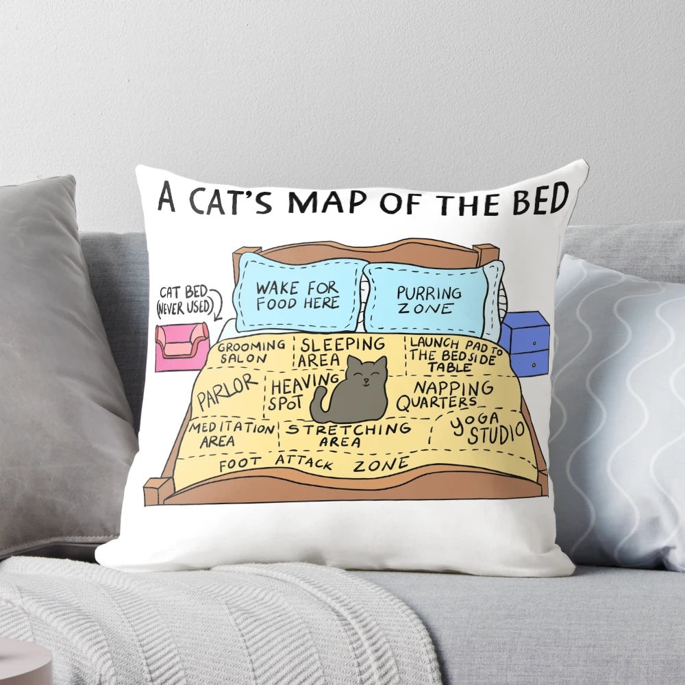 Cozy cat bed pillow with a funny map of a cat's sleeping area design
