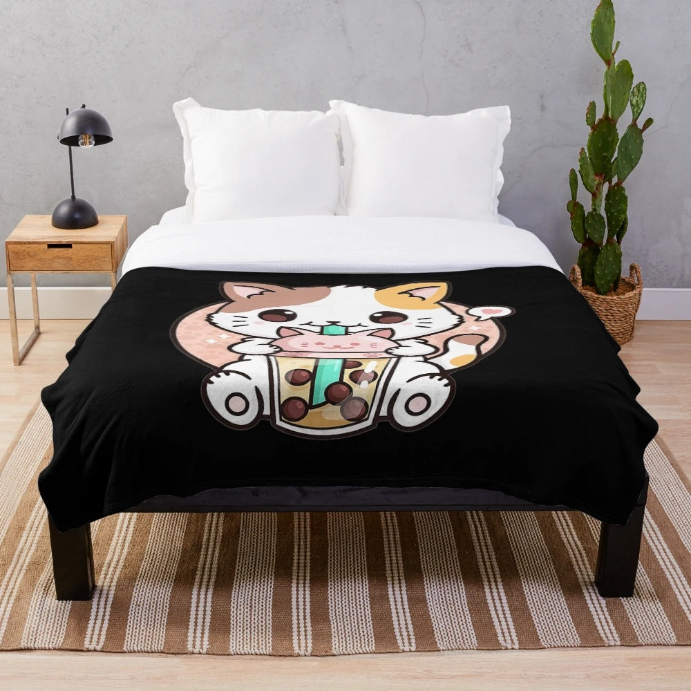 Soft and snuggly cat boba tea themed plush blanket for anime and kawaii home decor