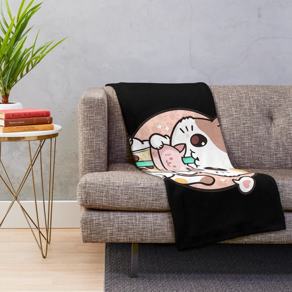 Soft and snuggly cat boba tea themed plush blanket for anime and kawaii home decor