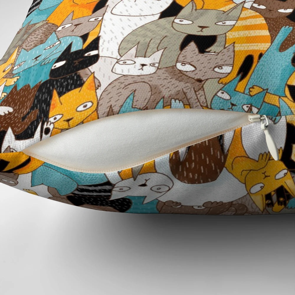 A vibrant, patterned pillow featuring cats and catnip, perfect for cat owners and home decor.