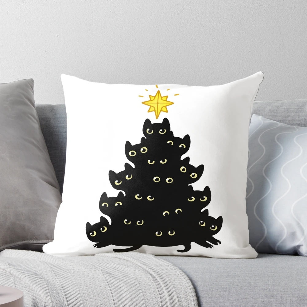 A cozy cat-themed Christmas pillow with a black cat silhouette against a Christmas tree design.