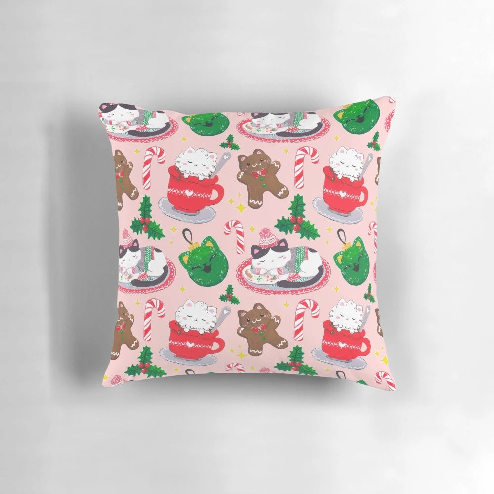 Soft and plush cat-themed Christmas pillow with pastel colors, gingerbread men, and sparkling details