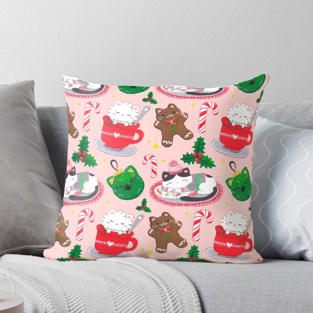 Soft and plush cat-themed Christmas pillow with pastel colors, gingerbread men, and sparkling details