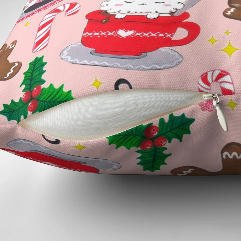Soft and plush cat-themed Christmas pillow with pastel colors, gingerbread men, and sparkling details