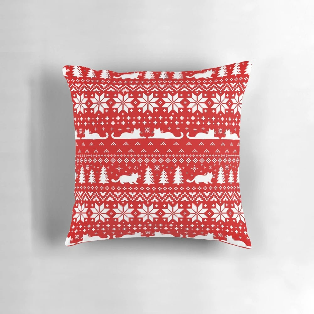A red and white patterned Christmas pillow featuring a cat design, perfect for cat lovers.