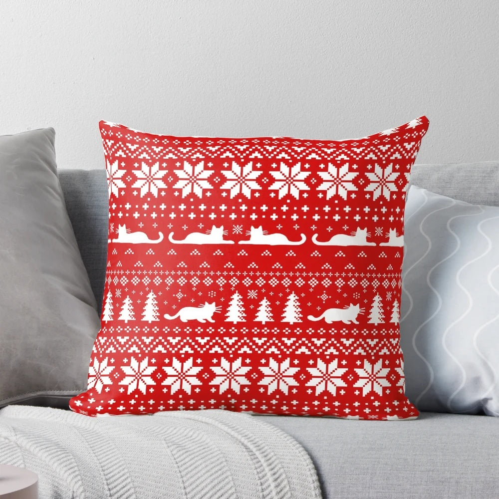 A red and white patterned Christmas pillow featuring a cat design, perfect for cat lovers.