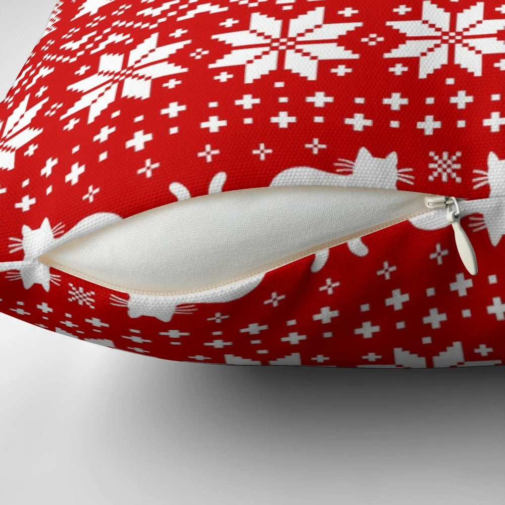 A red and white patterned Christmas pillow featuring a cat design, perfect for cat lovers.