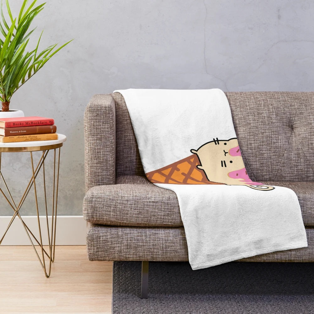 Soft and cuddly plush blanket featuring a cat ice cream design