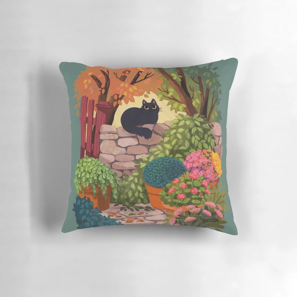 A whimsical pillow featuring a cat sitting in a garden with flowers and plants