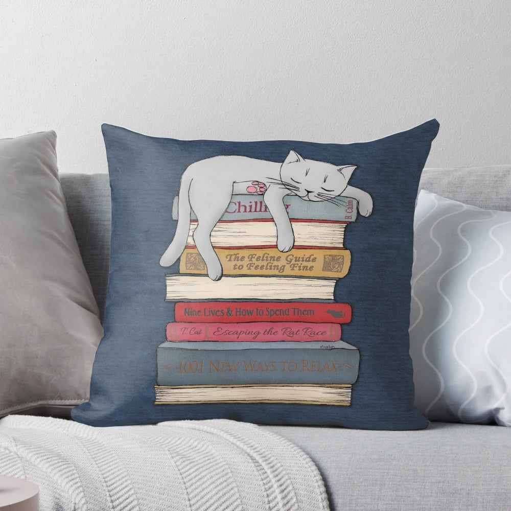 A grey and blue pillow with a graphite pencil design, perfect for cat lovers to relax and nap like their feline friends.