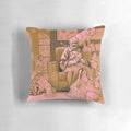 A cozy throw pillow featuring a graphic illustration of a cat lady knitting and surrounded by big cats.