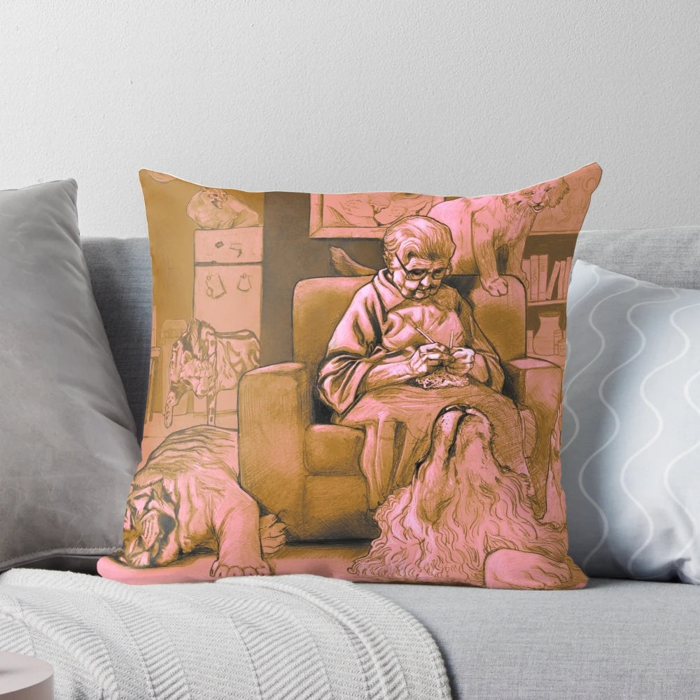 A cozy throw pillow featuring a graphic illustration of a cat lady knitting and surrounded by big cats.