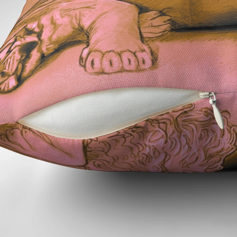 A cozy throw pillow featuring a graphic illustration of a cat lady knitting and surrounded by big cats.