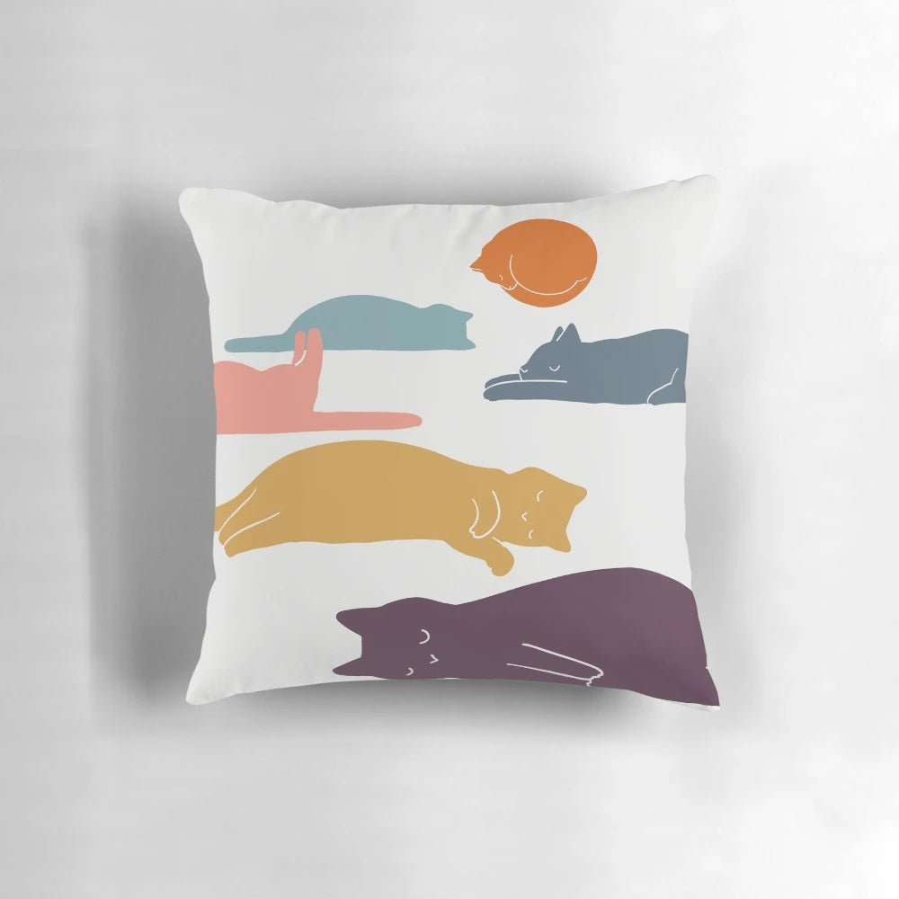 Decorative cat landscape pillow with mountains and sunset in the background