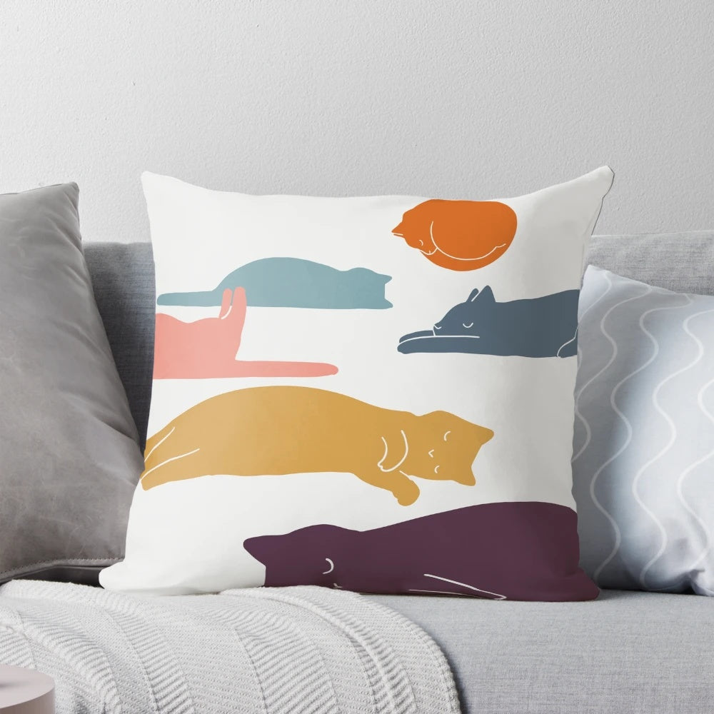 Decorative cat landscape pillow with mountains and sunset in the background