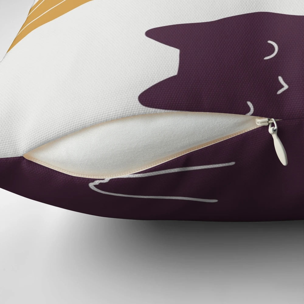 Decorative cat landscape pillow with mountains and sunset in the background