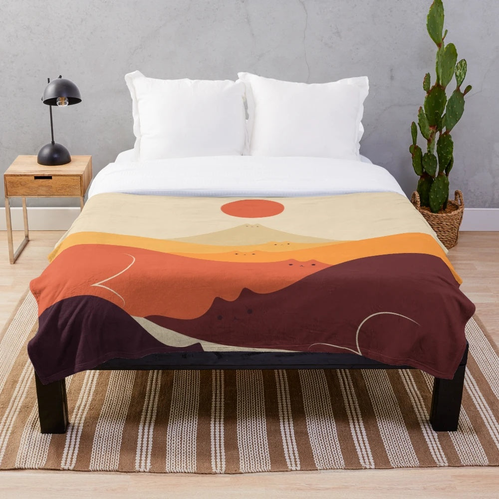 Cat Landscape 87 Plush Blanket featuring a minimalist mountain landscape with a cat