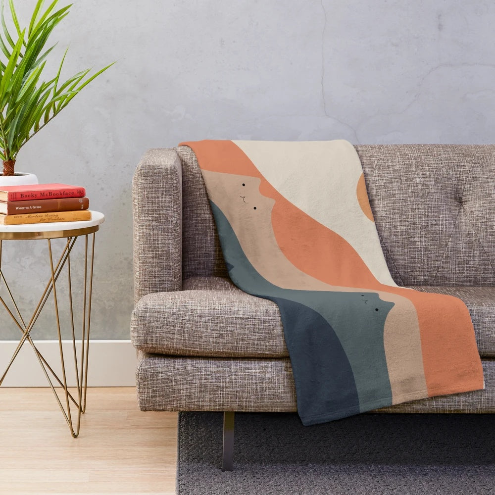 Soft and plush cat landscape blanket with mountains, sun, and boho elements