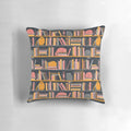 Soft and snuggly cat-themed pillow featuring a cat lounging on a bookshelf