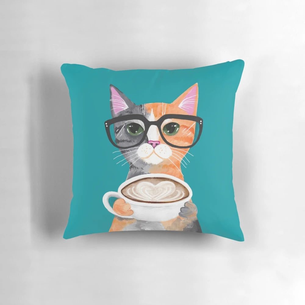 Soft, comfortable pillow featuring a cute calico kitten in a latte-inspired design