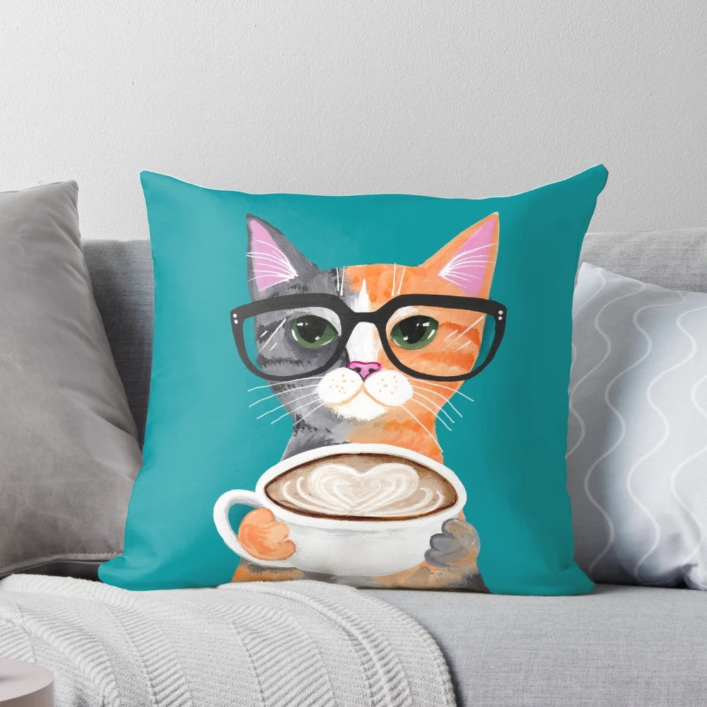 Soft, comfortable pillow featuring a cute calico kitten in a latte-inspired design