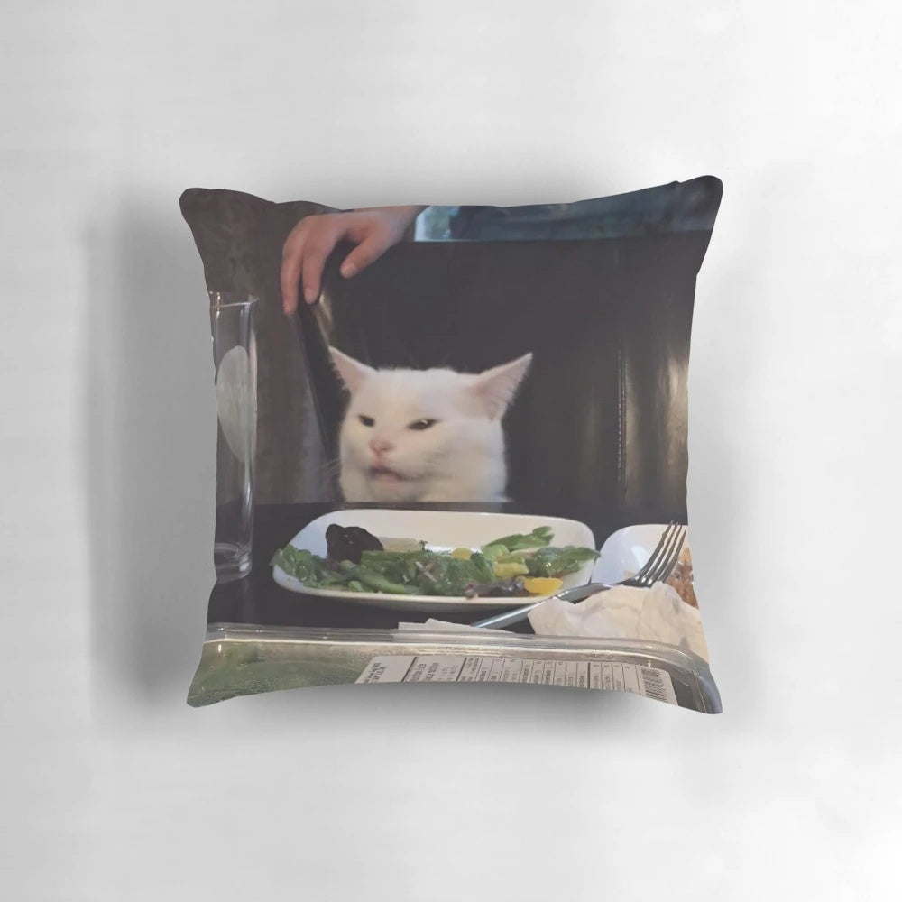 Soft, plush cat-themed novelty throw pillow with a cute cat meme design.