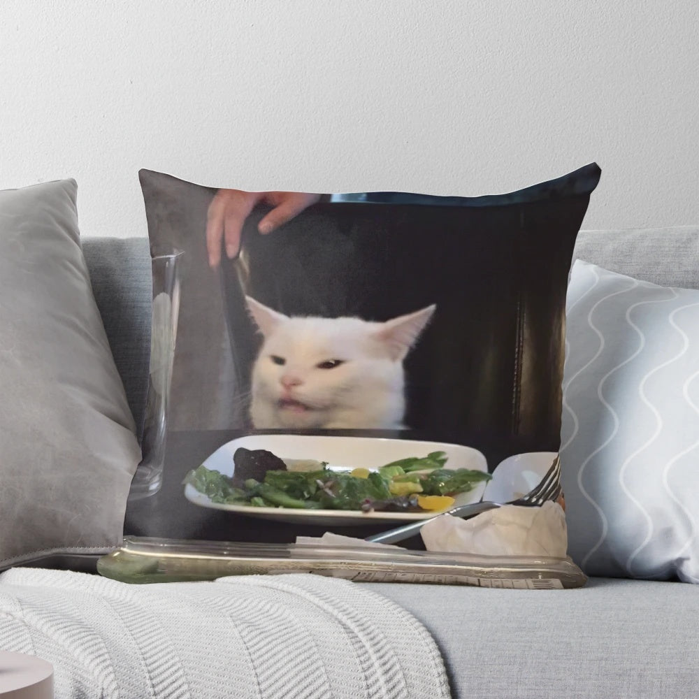 Soft, plush cat-themed novelty throw pillow with a cute cat meme design.