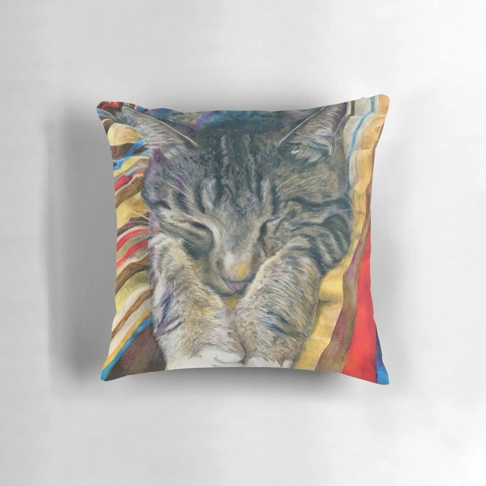 Realistic illustration of a tabby cat sleeping peacefully on a colorful striped pillow